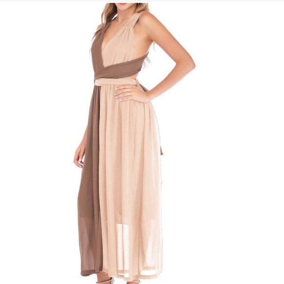 NWT Blush/Tan Wrap Open Back Chiffon Maxi Dress. - Picture 2 of 4